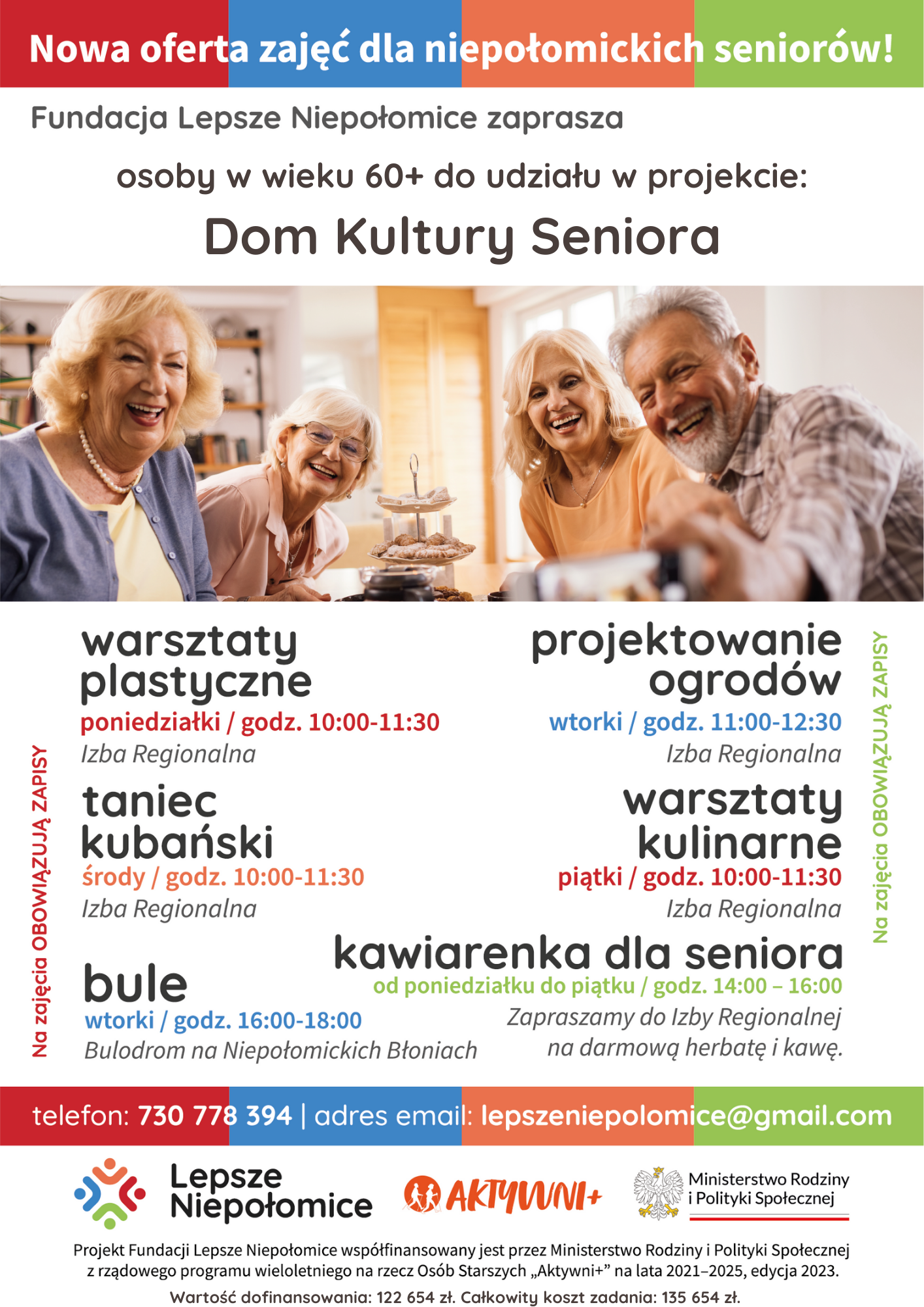 plakat informujący o zajęciach dla seniorów podane są rodzaje i terminy zajęć